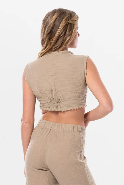 Kolsuz Deren Bel Bağlamalı Yazlık Müslin Bluz Vizon Vzn M Vizon - Resim 2