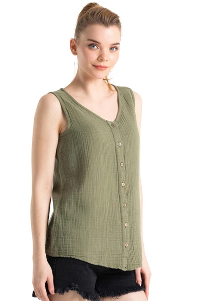 Kolsuz Melis Yazlık Müslin Bluz Haki Hk 2XL Haki - Resim 7