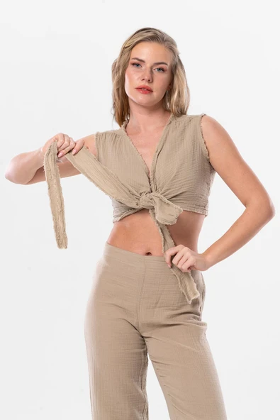 Kolsuz Deren Bel Bağlamalı Yazlık Müslin Bluz Vizon Vzn S Vizon - Resim 5