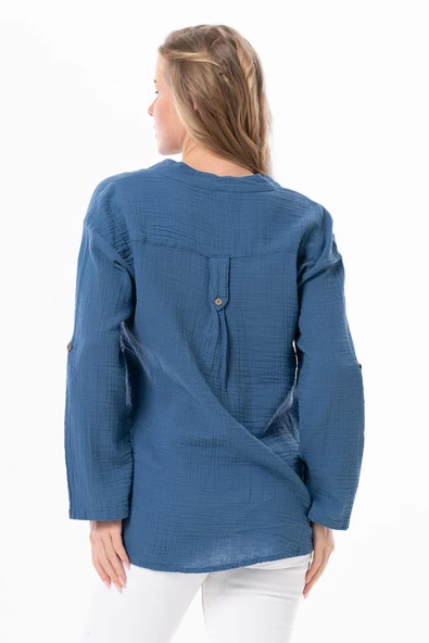 Uzun Kol Asu Yazlık Müslin Bluz İndigo indg 2XL-3XL İndigo - Resim 2