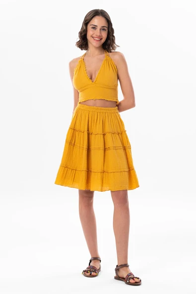 Göcek Bağlama Detaylı Yazlık Müslin Büstiyer Hardal Hrd M Hardal - Resim 5