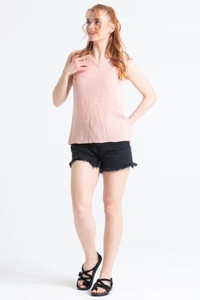 Kolsuz Melis Yazlık Müslin Bluz Pudra Pdr L Pudra - Resim 3