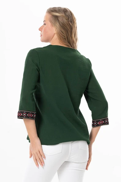 Truvakar Kol V Yaka Nakışlı Talya Şile Bezi Yazlık Bluz Yeşil Ysl S Yeşil - Resim 2