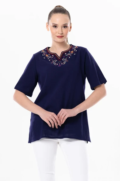 Kısa Kol Şile Bezi Gökkuşağı Nakış Detaylı Yazlık Bluz Mor Mor 2XL Mor