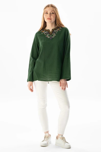 Uzun Kol Şile Bezi Gökkuşağı Nakış Detaylı Yazlık Bluz Yeşil Ysl L Yeşil - Resim 6