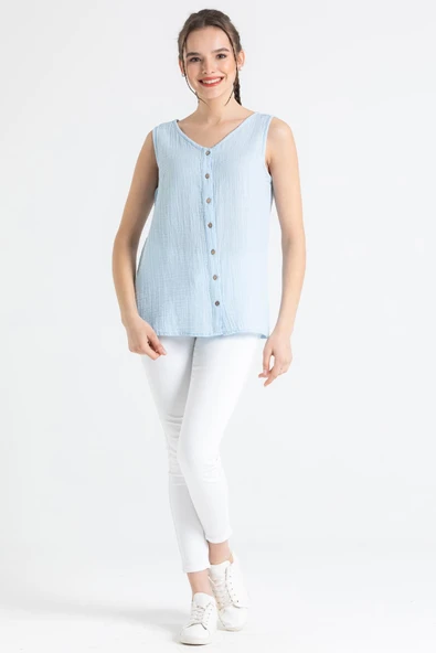 Kolsuz Melis Yazlık Müslin Bluz Buz Mavi Bmv M Buz Mavi - Resim 5