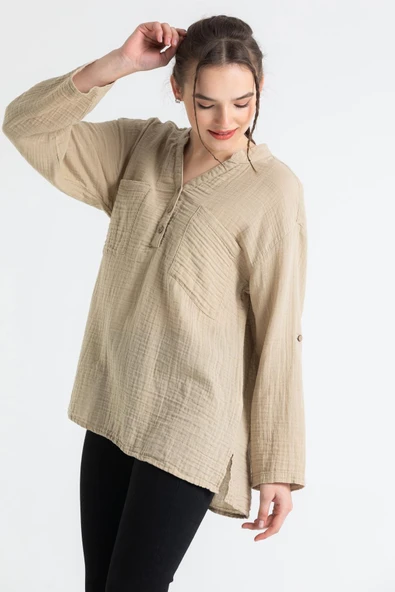 Uzun Kol Asu Yazlık Müslin Bluz Vizon Vzn 2XL-3XL Vizon ürün görseli