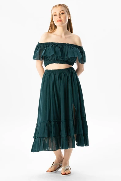 Kısa Kol Vual Lavinya Kayık Yaka Yazlık Bluz Petrol Ptrl L/XL Petrol - Resim 6