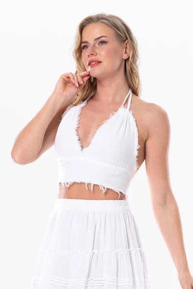 Göcek Bağlama Detaylı Yazlık Müslin Büstiyer Beyaz Byz L Beyaz - Resim 4