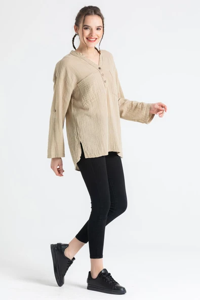 Uzun Kol Asu Yazlık Müslin Bluz Vizon Vzn S/M Vizon - Resim 5