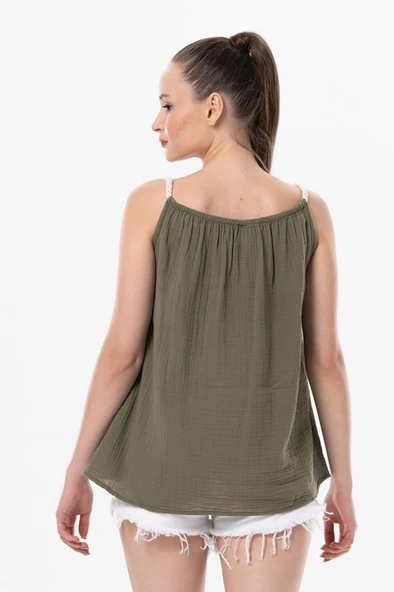 Askılı Alaçatı Yazlık Müslin Bluz Haki Hk 2XL-3XL Haki - Resim 2