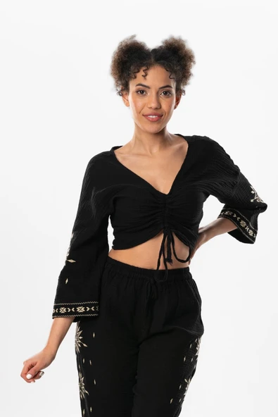 Uzun Kol Günışığı Büzgü Detaylı Yazlık Müslin Bluz Siyah Syh 2XL-3XL Siyah ürün görseli