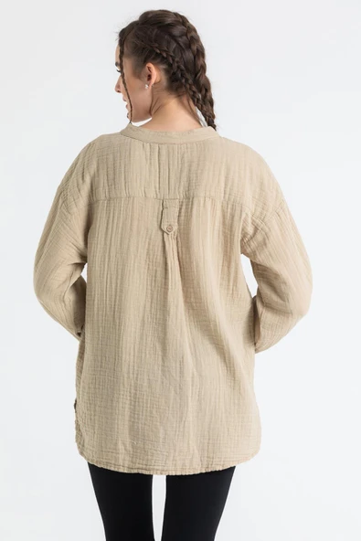 Uzun Kol Asu Yazlık Müslin Bluz Vizon Vzn 2XL-3XL Vizon - Resim 2