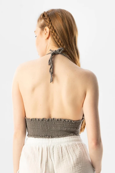 Göcek Bağlama Detaylı Yazlık Müslin Büstiyer Gri Gri 2XL Gri - 2