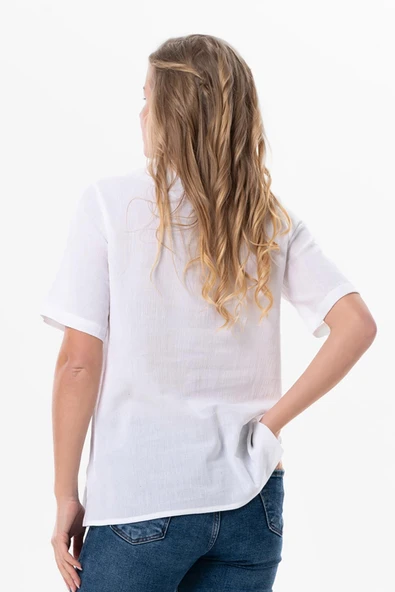 Kısa Kol Şile Bezi Gökkuşağı Nakış Detaylı Yazlık Bluz Beyaz Byz 2XL Beyaz - Resim 2