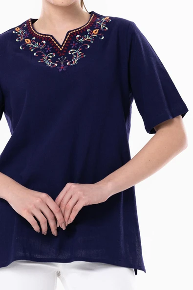 Kısa Kol Şile Bezi Gökkuşağı Nakış Detaylı Yazlık Bluz Mor Mor 2XL Mor - 3