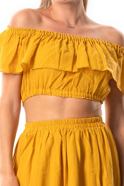 Kısa Kol Vual Lavinya Kayık Yaka Yazlık Bluz Hardal Hrd 2XL-3XL Hardal - Resim 3