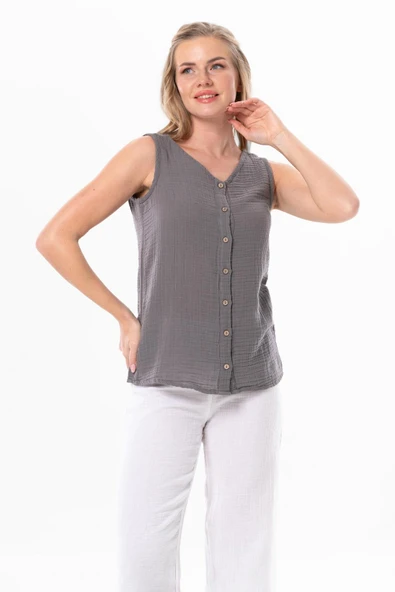 Kolsuz Melis Yazlık Müslin Bluz Gri Gri L Gri ürün görseli