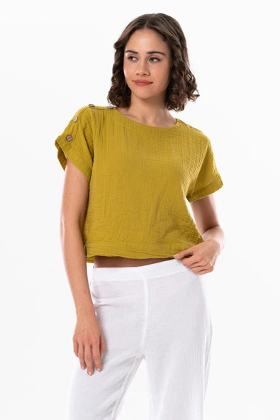 Kısa Kol İzel Yazlık Müslin Bluz Yağ Yeşili Ygysl M Yağ Yeşili ürün görseli