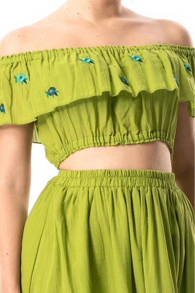 Lavinya Vual Lastik Detaylı Nakışlı Yazlık Crop Bluz Fıstık Yeşili fysl 2XL-3XL Fıstık Yeşili - Resim 3