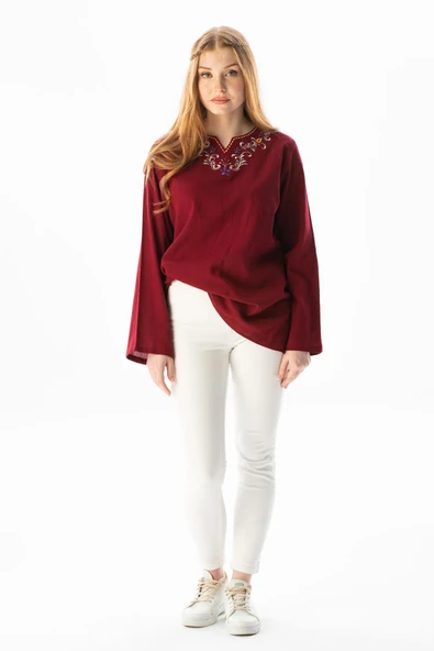Uzun Kol Şile Bezi Gökkuşağı Nakış Detaylı Yazlık Bluz Bordo Brd S Bordo - 6