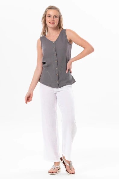 Kolsuz Melis Yazlık Müslin Bluz Gri Gri 3XL Gri - Resim 4