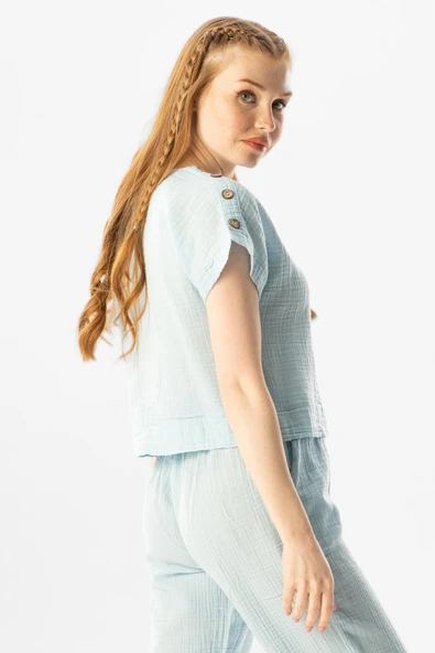 Kısa Kol İzel Yazlık Müslin Bluz Buz Mavi Bmv L Buz Mavi - Resim 5