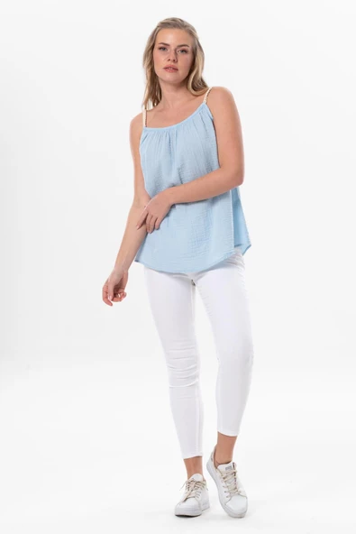 Askılı Alaçatı Yazlık Müslin Bluz Buz Mavi Bmv L/XL Buz Mavi - Resim 4