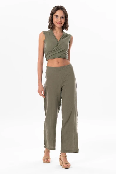 Kolsuz Deren Bel Bağlamalı Yazlık Müslin Bluz Haki Hk XS Haki - Resim 6