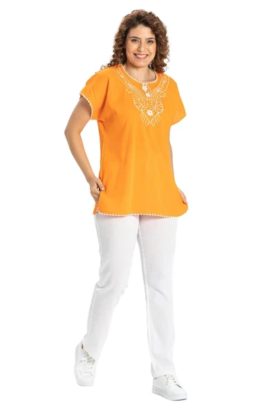 Kısa Kol Şile Bezi Naz Yazlık Bluz Turuncu Trnc XL Turuncu - 6