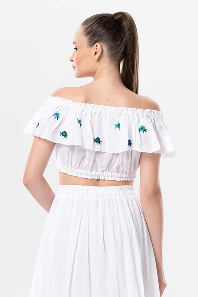 Lavinya Vual Lastik Detaylı Nakışlı Yazlık Crop Bluz Beyaz Byz 2XL-3XL Beyaz - Resim 2