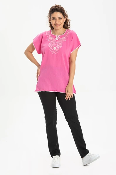 Kısa Kol Şile Bezi Naz Yazlık Bluz Pembe Pmb 2XL Pembe ürün görseli