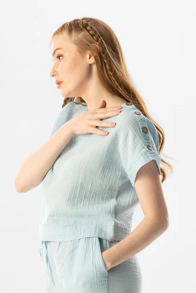 Kısa Kol İzel Yazlık Müslin Bluz Buz Mavi Bmv S Buz Mavi - Resim 6