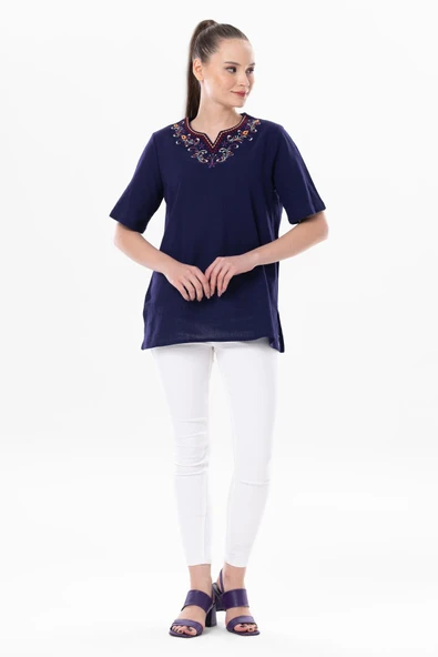 Kısa Kol Şile Bezi Gökkuşağı Nakış Detaylı Yazlık Bluz Mor Mor 2XL Mor - 4