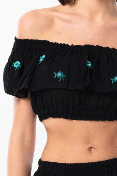 Lavinya Vual Lastik Detaylı Nakışlı Yazlık Crop Bluz Siyah Syh 2XL-3XL Siyah - Resim 3