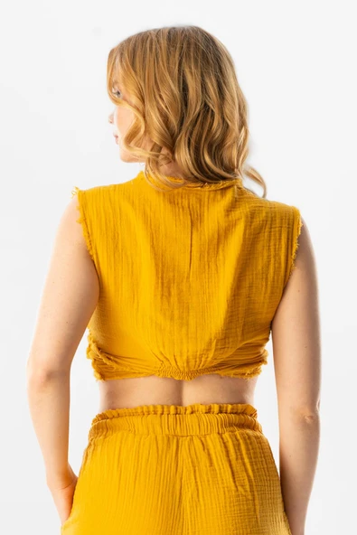 Kolsuz Deren Bel Bağlamalı Yazlık Müslin Bluz Hardal Hrd M Hardal - 2