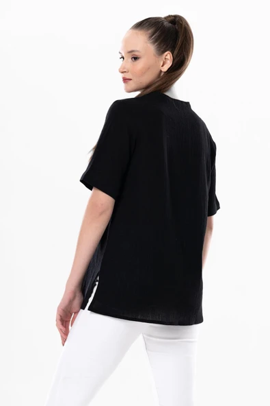 Kısa Kol Şile Bezi Gökkuşağı Nakış Detaylı Yazlık Bluz Siyah Syh M Siyah - Resim 2