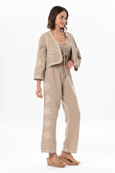 Uzun Kol Günışığı Büzgü Detaylı Yazlık Müslin Bluz Vizon Vzn L/XL Vizon - Resim 6