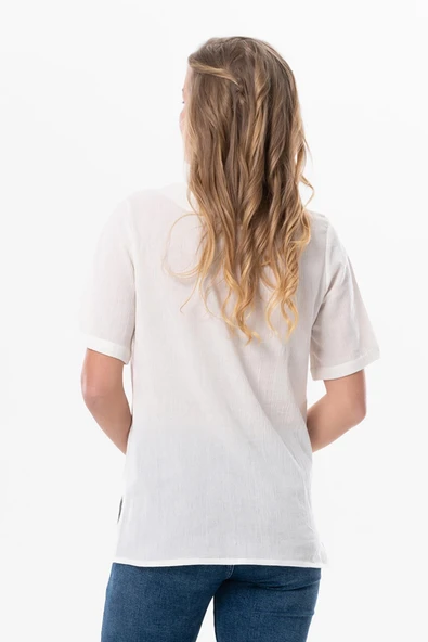 Kısa Kol Şile Bezi Gökkuşağı Nakış Detaylı Yazlık Bluz Krem Krm 3XL Krem - Resim 2