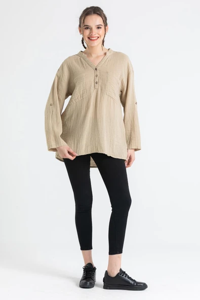 Uzun Kol Asu Yazlık Müslin Bluz Vizon Vzn 2XL-3XL Vizon - Resim 4
