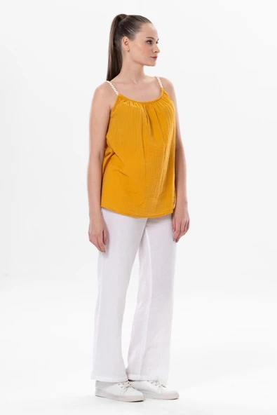 Askılı Alaçatı Yazlık Müslin Bluz Hardal Hrd L/XL Hardal - Resim 4
