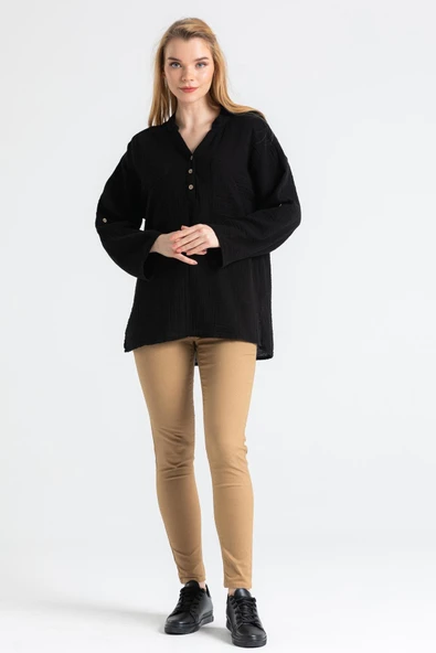 Uzun Kol Asu Yazlık Müslin Bluz Siyah Syh 2XL-3XL Siyah - Resim 5