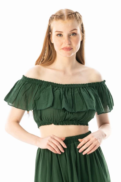 Kısa Kol Vual Lavinya Kayık Yaka Yazlık Bluz Yeşil Ysl S/M Yeşil ürün görseli