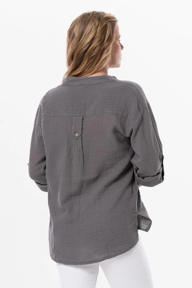 Uzun Kol Asu Yazlık Müslin Bluz Gri Gri 2XL-3XL Gri - Resim 2