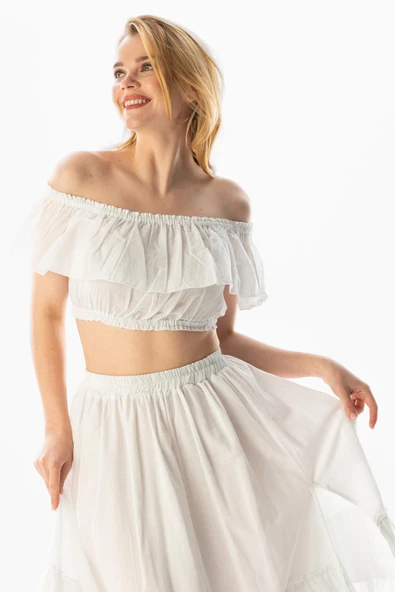 Kısa Kol Vual Lavinya Kayık Yaka Yazlık Bluz Beyaz Byz 2XL-3XL Beyaz - Resim 6