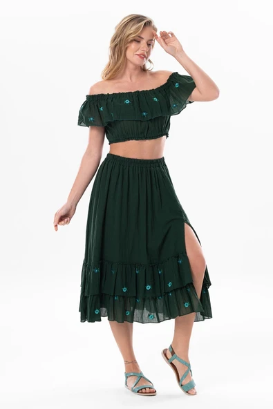 Lavinya Vual Lastik Detaylı Nakışlı Yazlık Crop Bluz Yeşil Ysl S/M Yeşil - Resim 6