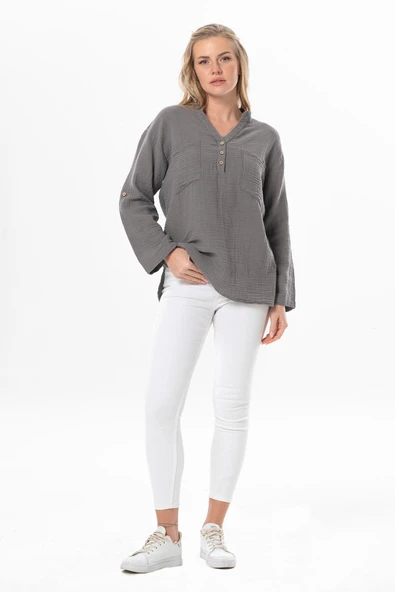 Uzun Kol Asu Yazlık Müslin Bluz Gri Gri 2XL-3XL Gri - Resim 5