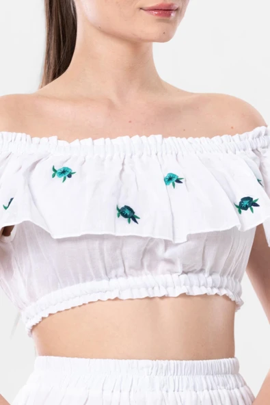 Lavinya Vual Lastik Detaylı Nakışlı Yazlık Crop Bluz Beyaz Byz S/M Beyaz - Resim 3