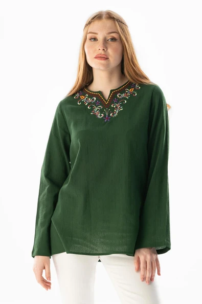 Uzun Kol Şile Bezi Gökkuşağı Nakış Detaylı Yazlık Bluz Yeşil Ysl L Yeşil ürün görseli
