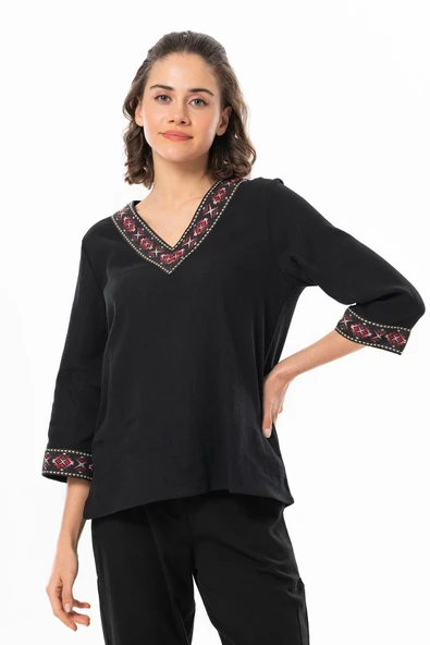 Truvakar Kol V Yaka Nakışlı Talya Şile Bezi Yazlık Bluz Siyah Syh L Siyah - Resim 4